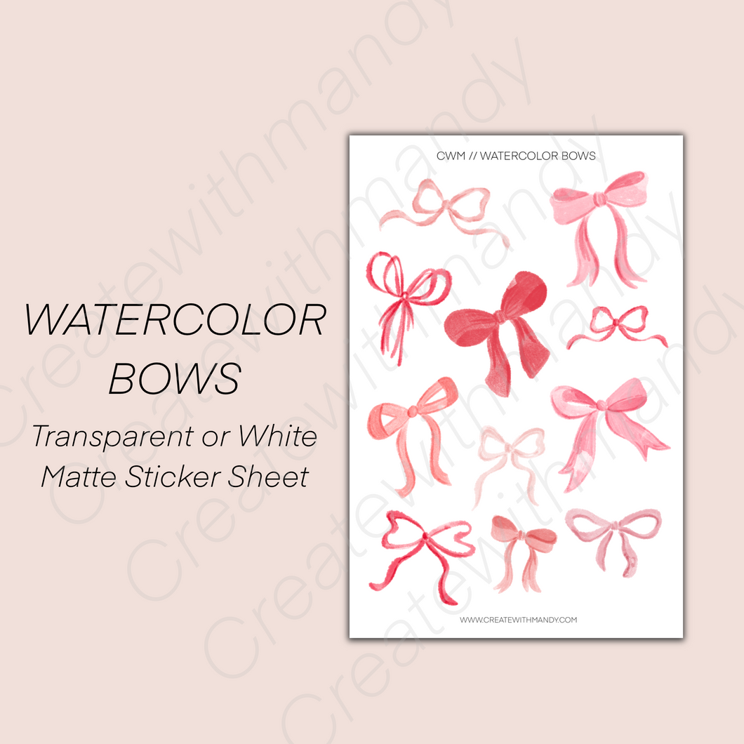 WATERCOLOR BOWS Transparent or White Sticker Sheet