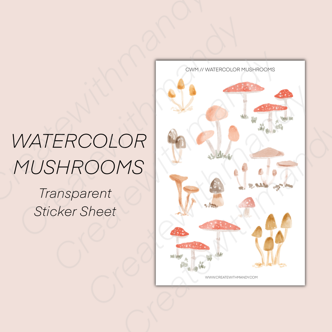 WATERCOLOR MUSHROOMS Transparent Sticker Sheet