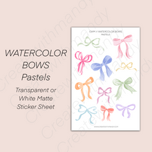 Load image into Gallery viewer, WATERCOLOR BOWS PASTELS Transparent or White Sticker Sheet
