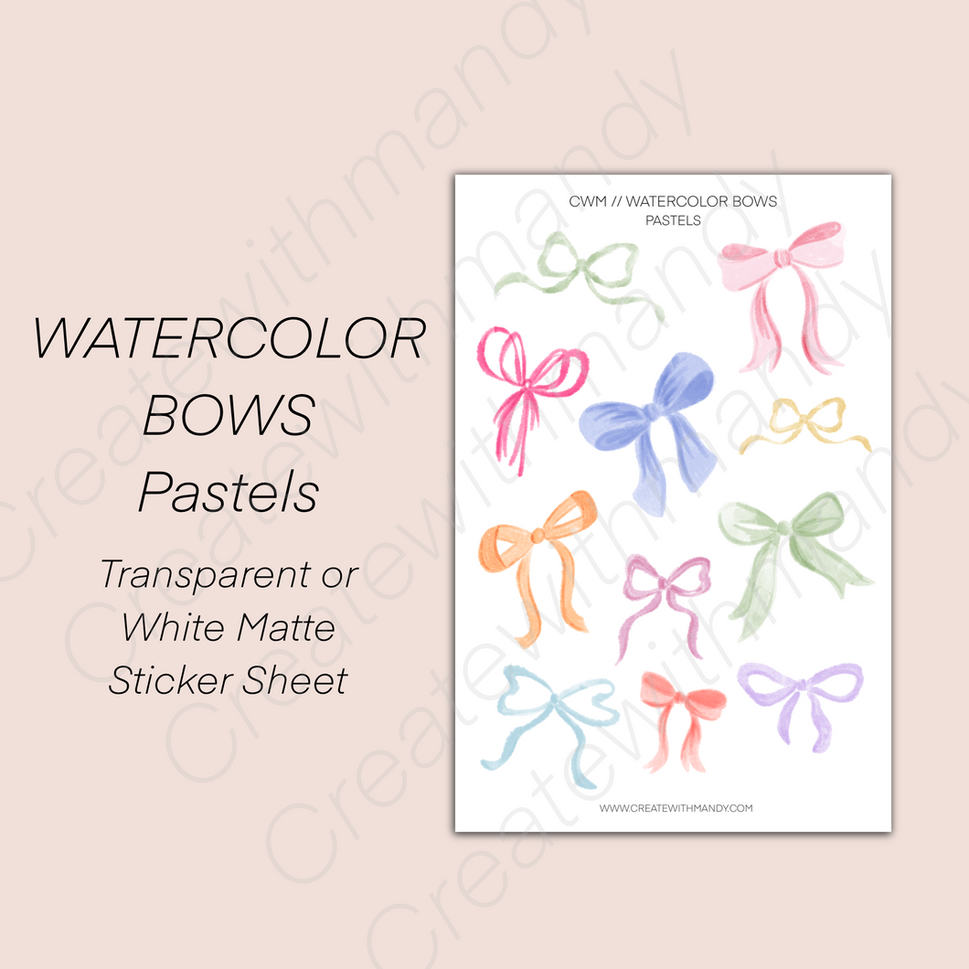 WATERCOLOR BOWS PASTELS Transparent or White Sticker Sheet