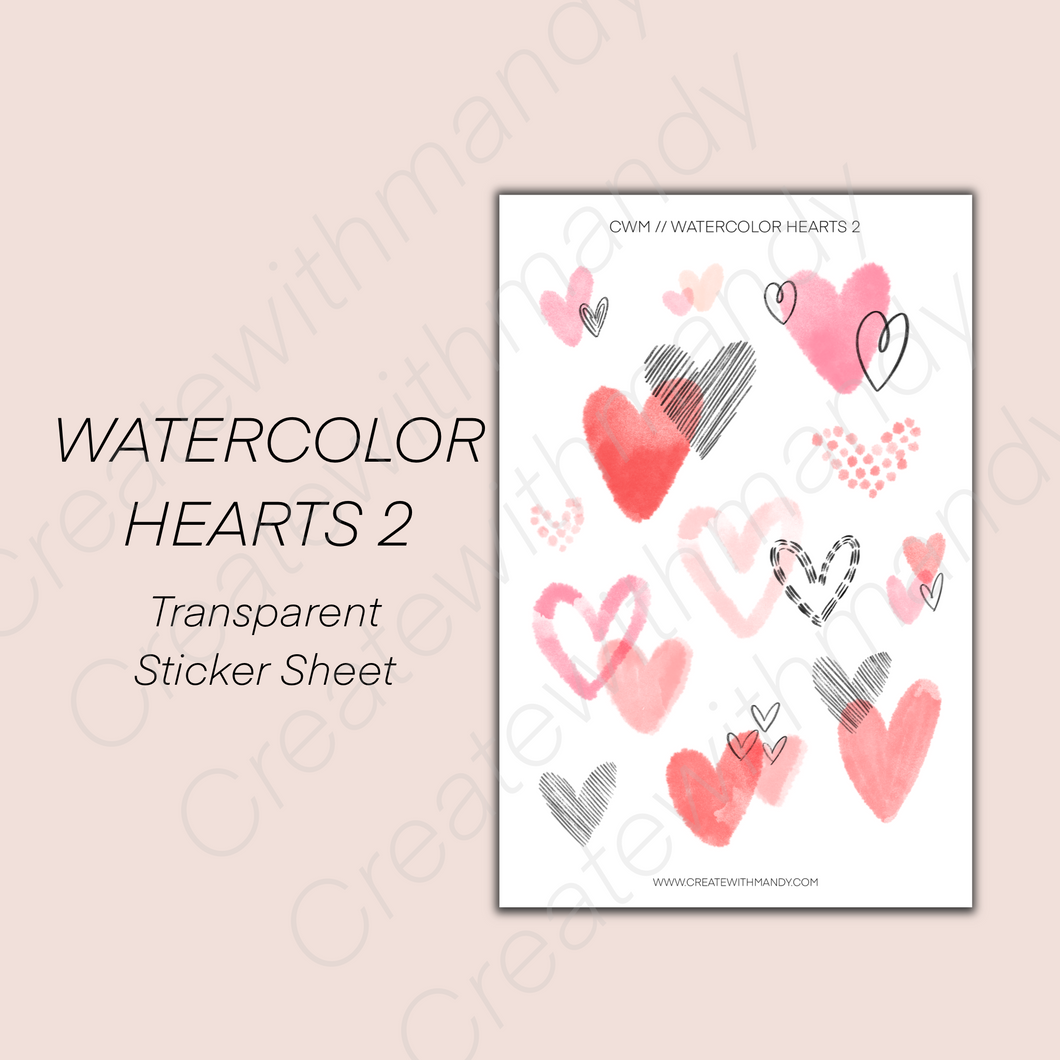 WATERCOLOR HEARTS 2 Transparent Sticker Sheet