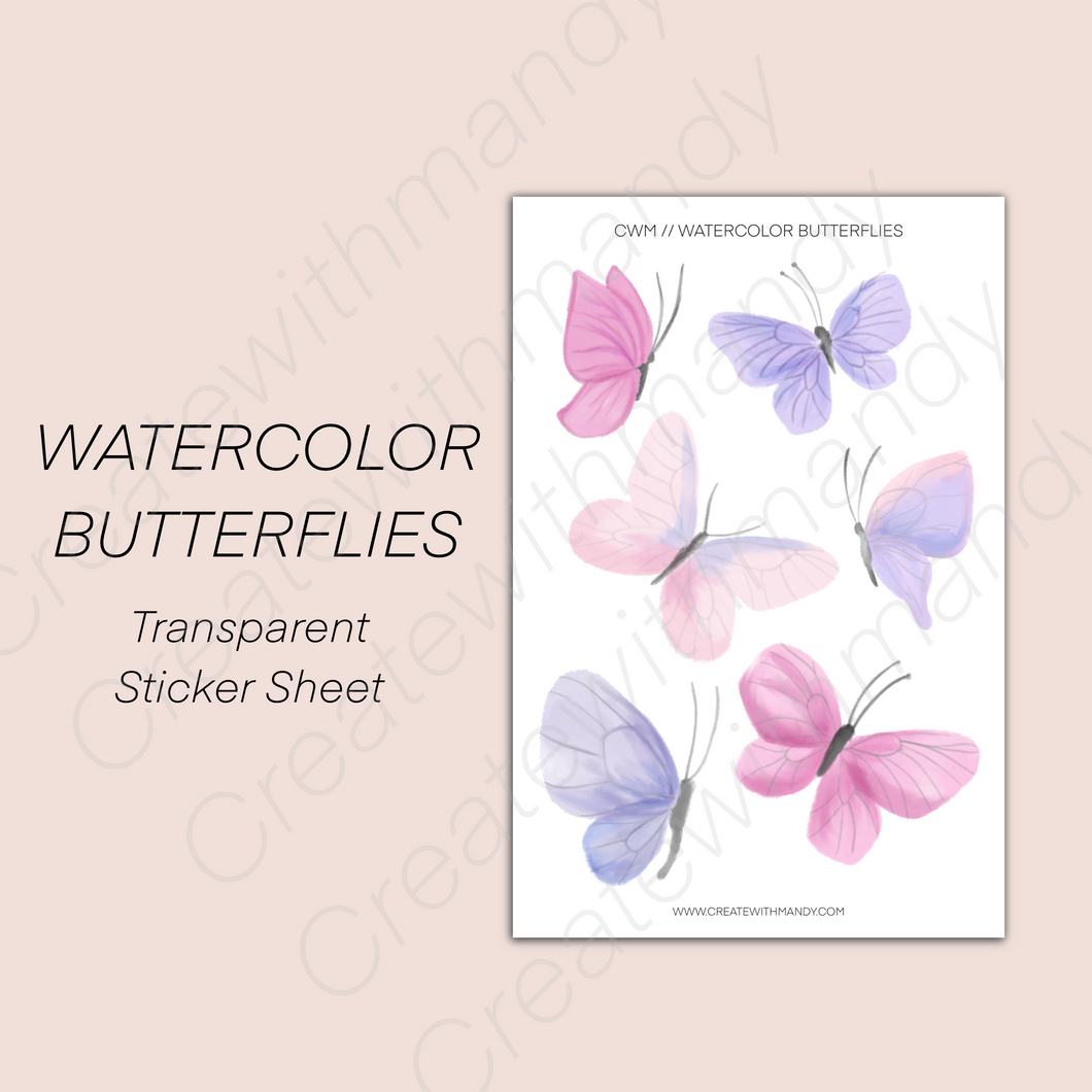 WATERCOLOR BUTTERFLIES Transparent Sticker Sheet