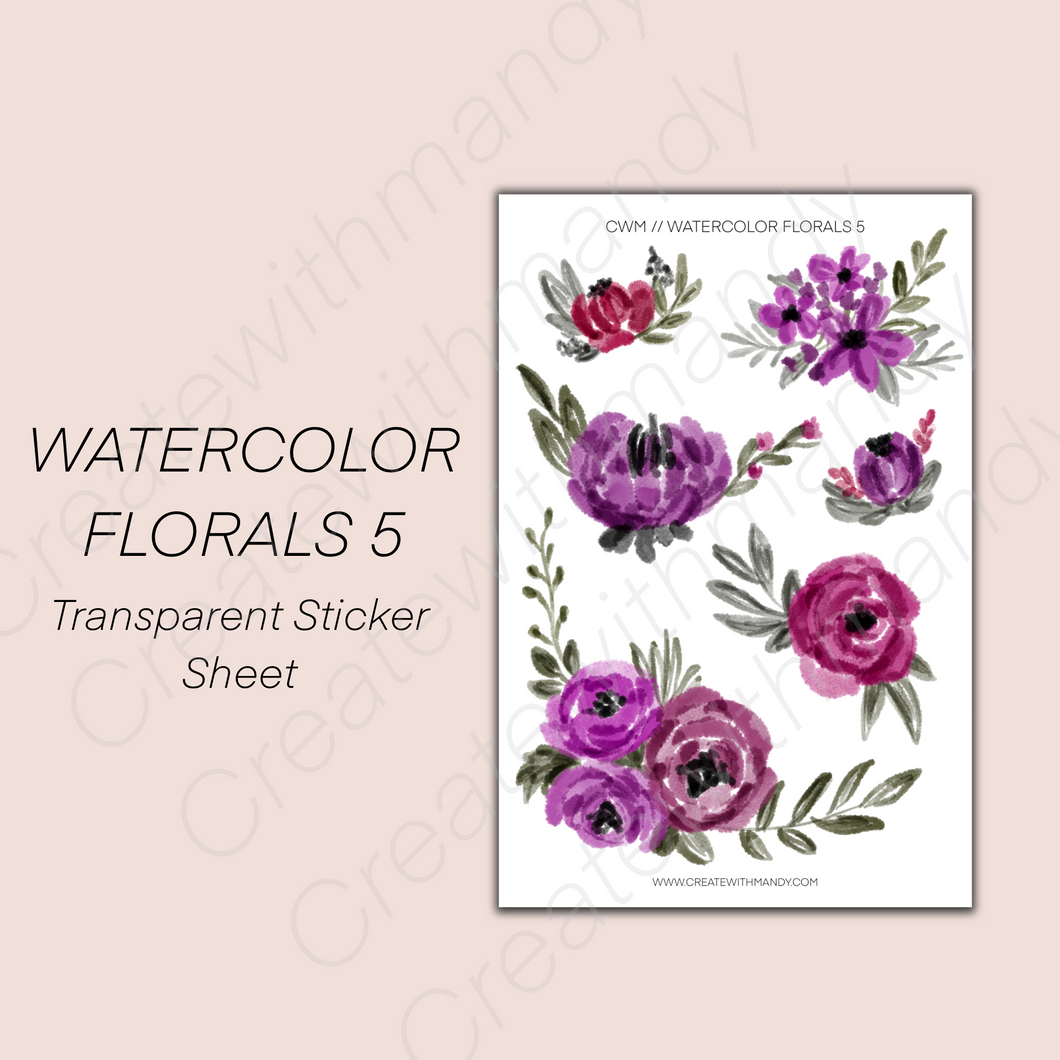 WATERCOLOR FLORALS 5 Transparent Sticker Sheet