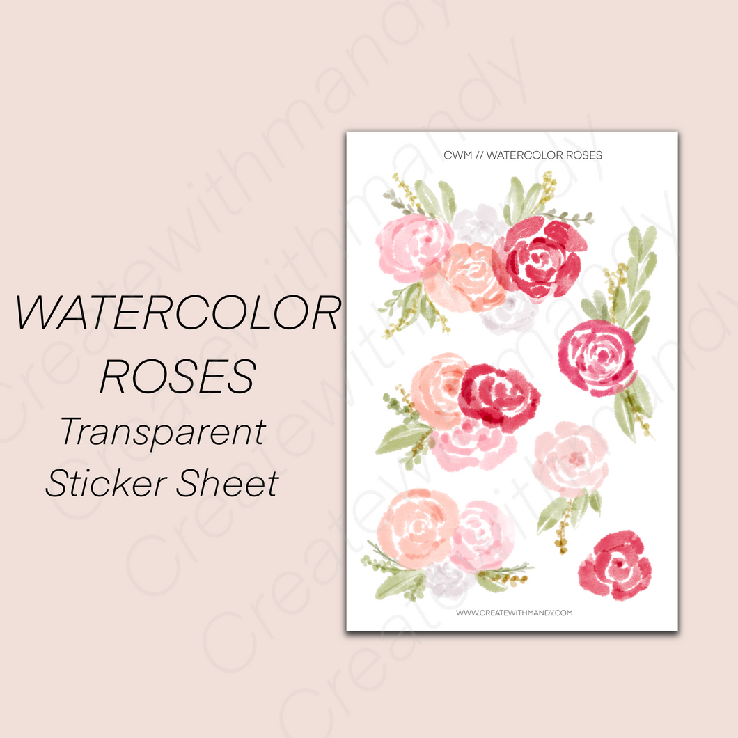 WATERCOLOR ROSES Transparent Sticker Sheet