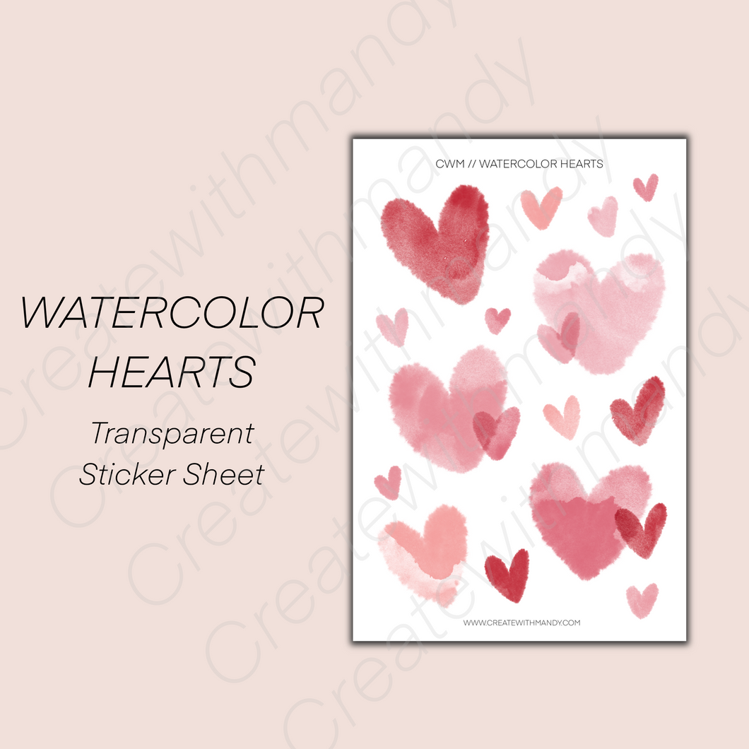 WATERCOLOR HEARTS Transparent Sticker Sheet