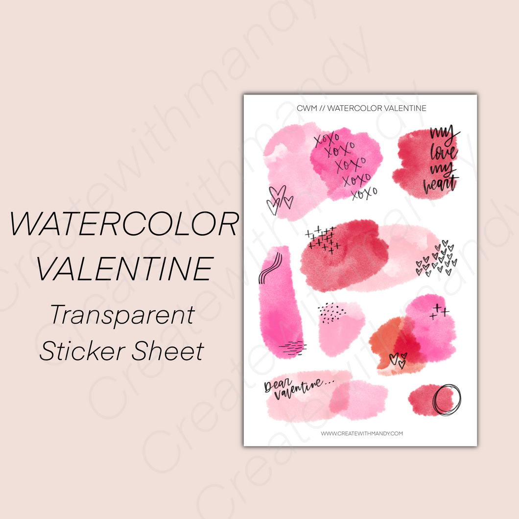 WATERCOLOR VALENTINE Transparent Sticker Sheet