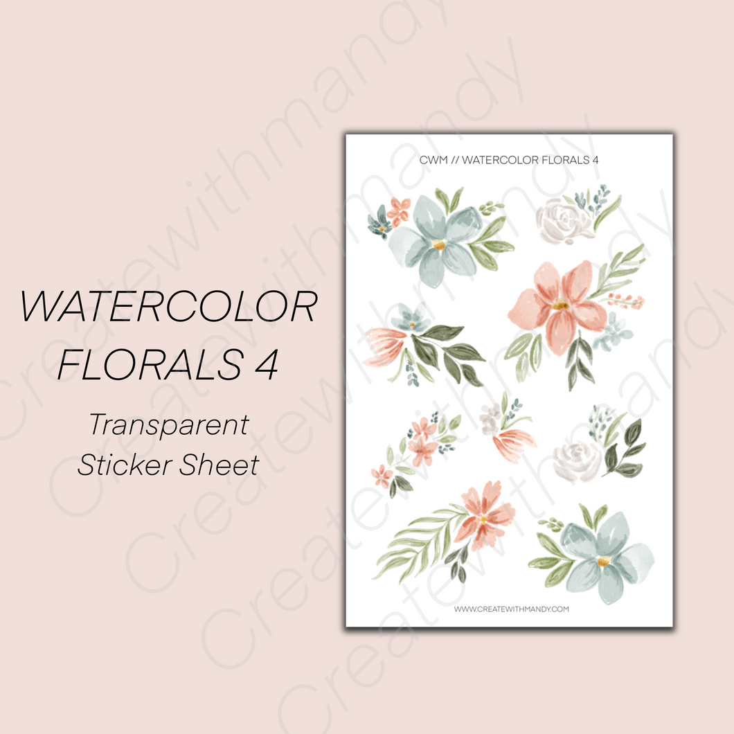 WATERCOLOR FLORALS 4 Transparent Sticker Sheet